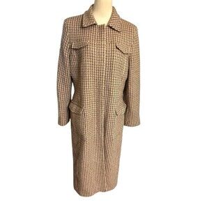 VTG J Crew Womens 100% Wool Herringbone Tweed Brown Tan Classic Overcoat Size 14